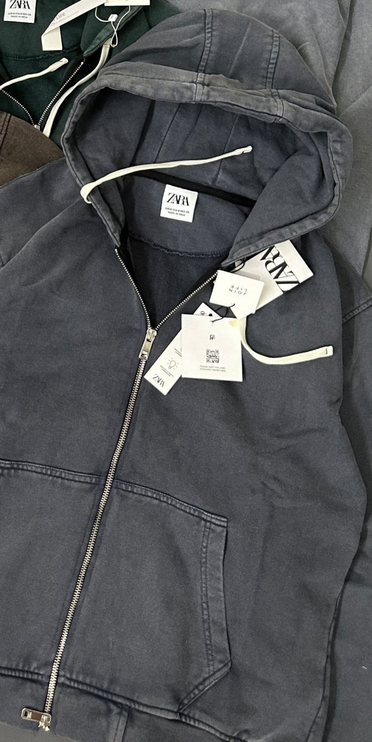 Washed zip hoodie in charcoal blue with cream drawcords