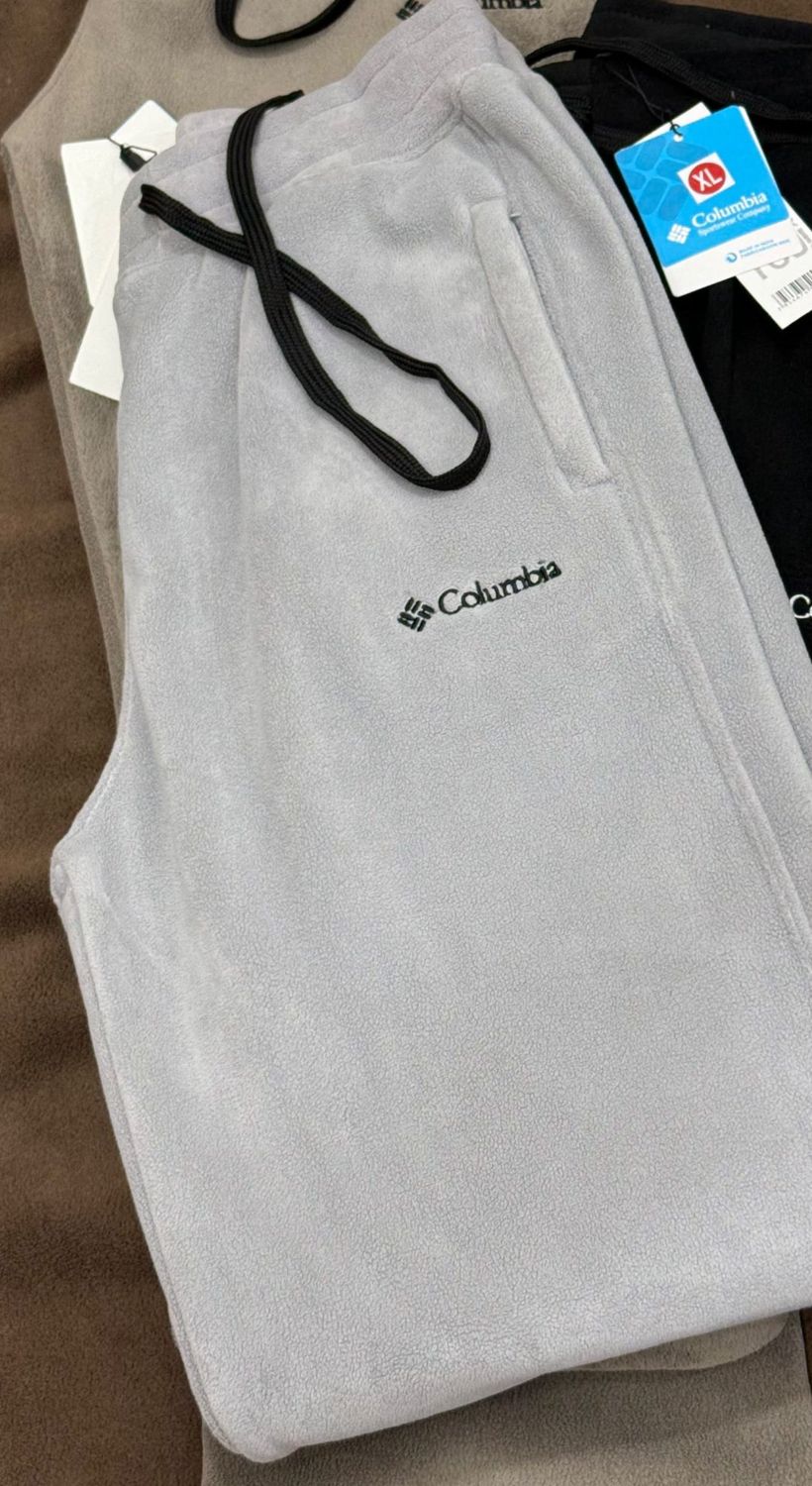 Light grey polar fleece joggers with a black drawcord