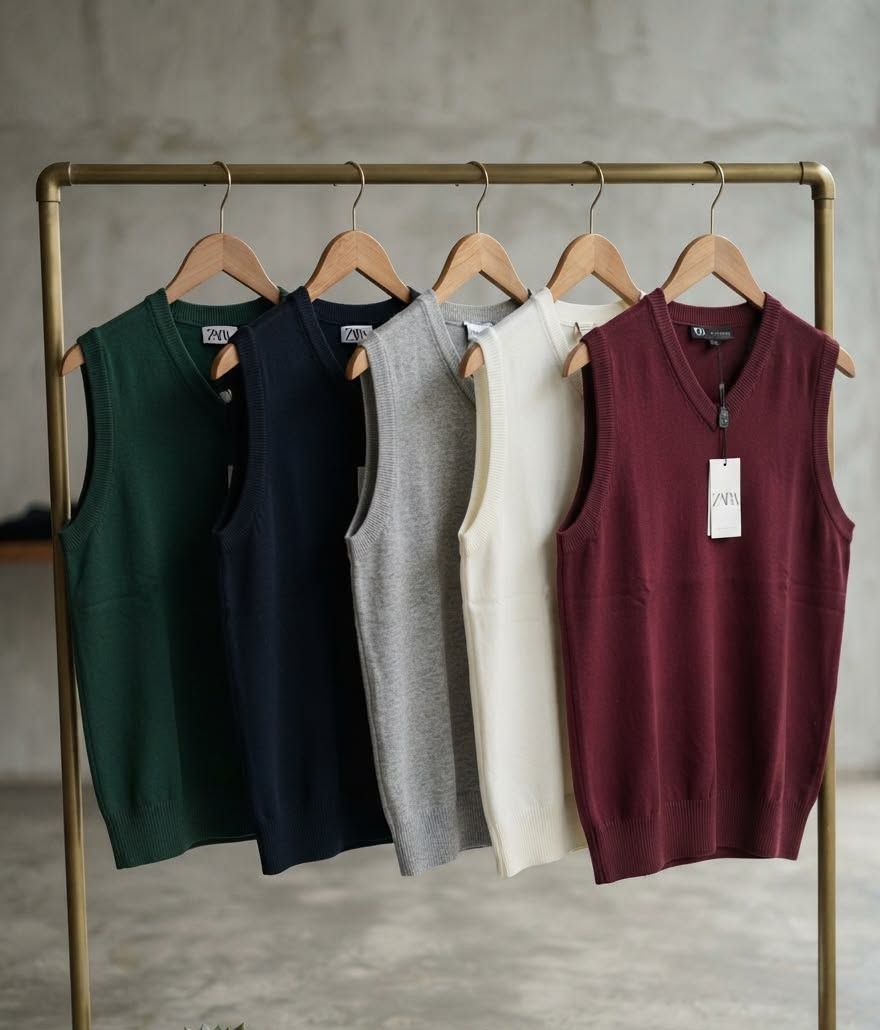 Five knit V-neck vests on wooden hangers: forest green, navy, grey, ivory and maroon